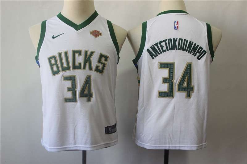 Young Milwaukee Bucks ANTETOKOUNMPO #34 White Basketball Jersey (Stitched)