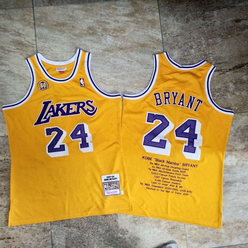 Los Angeles Lakers 07/08 BRYANT #24 Yellow Classics Basketball Jersey (Closely Stitched) 02