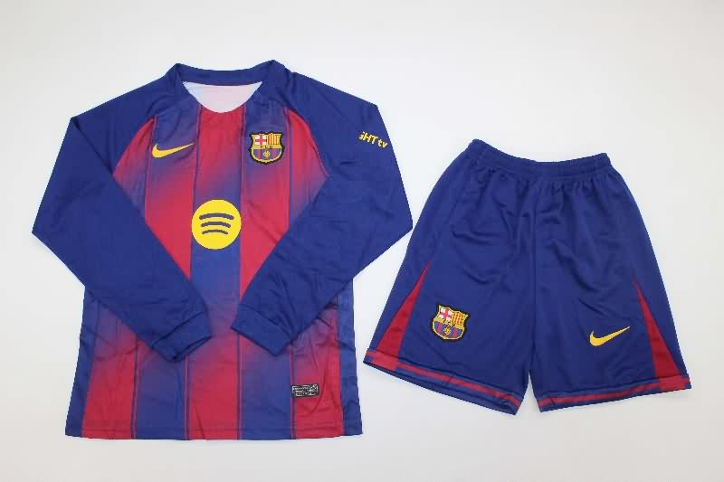Barcelona 25/26 Kids Home Long Sleeve Soccer Jersey And Shorts