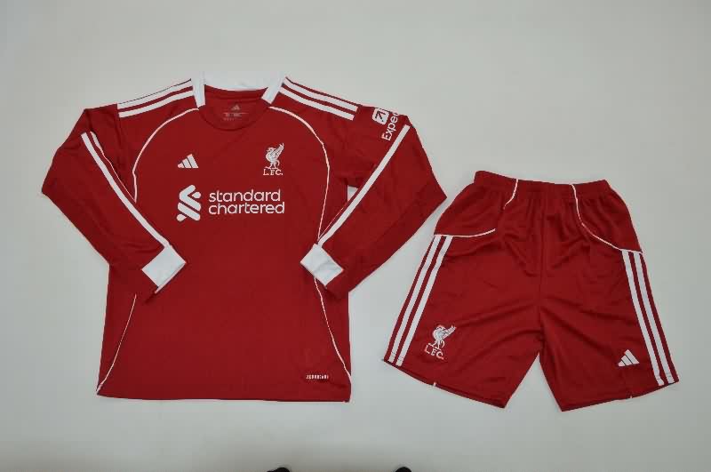 Liverpool 25/26 Kids Home Long Sleeve Soccer Jersey And Shorts Liverpool 25/26 Kids Home Long Sleeve Soccer Jersey And Shorts