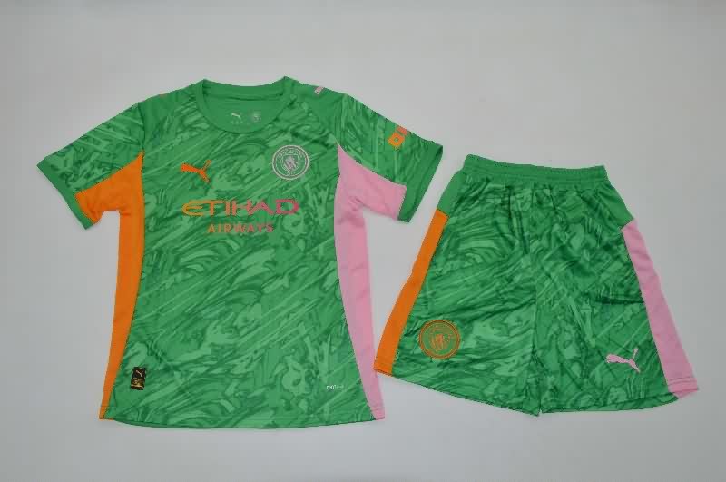 Manchester City 25/26 Kids Goalkeeper Green Soccer Jersey And Shorts