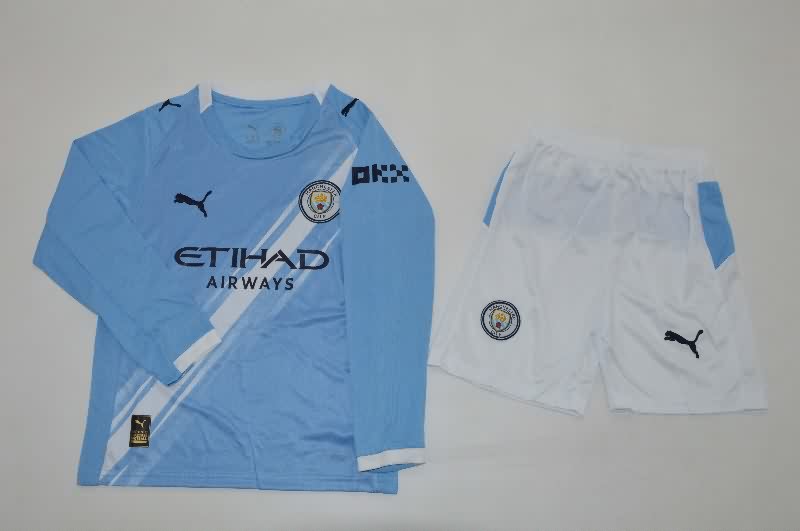Manchester City 25/26 Kids Home Long Sleeve Soccer Jersey And Shorts