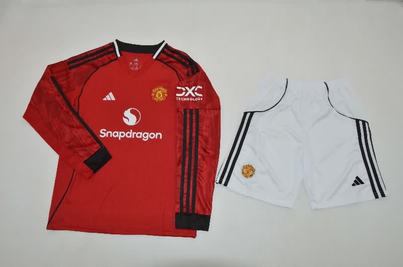 Manchester United 25/26 Kids Home Long Sleeve Soccer Jersey And Shorts