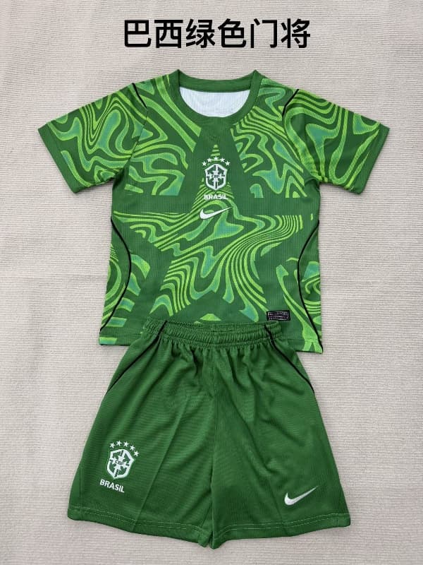 Brazil 2026 Kids Goalkeeper Green Soccer Jersey And Shorts