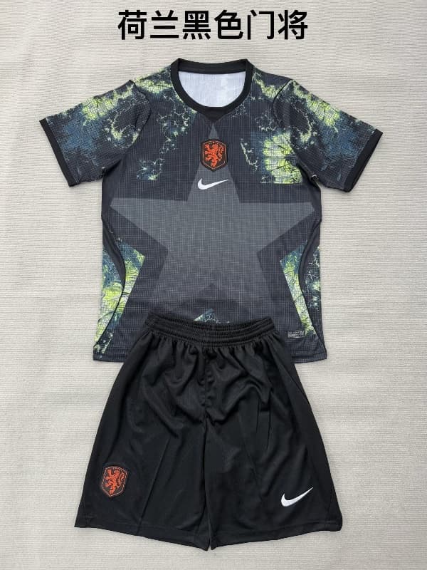 Netherlands 2026 Kids Goalkeeper Black Soccer Jersey And Shorts