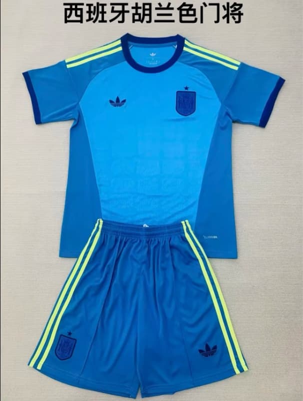 Spain 2026 Kids Goalkeeper Blue Soccer Jersey And Shorts 02