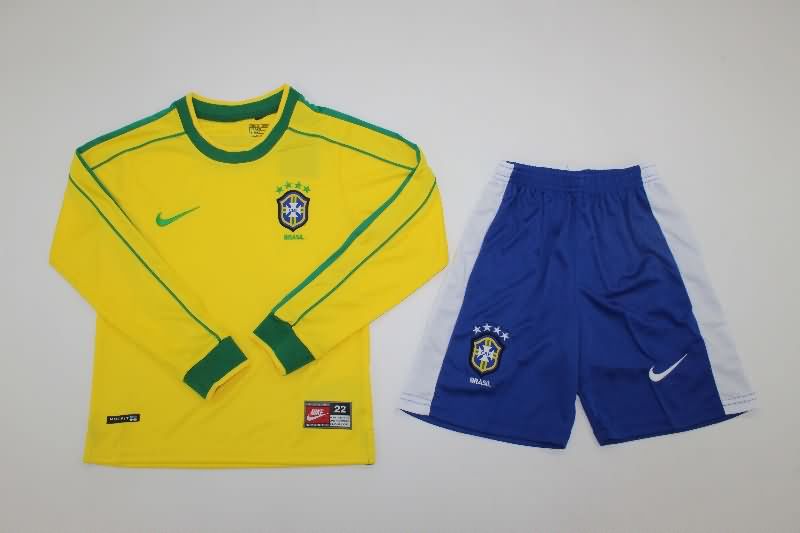 Brazil 1998 Kids Home Long Sleeve Soccer Jersey And Shorts